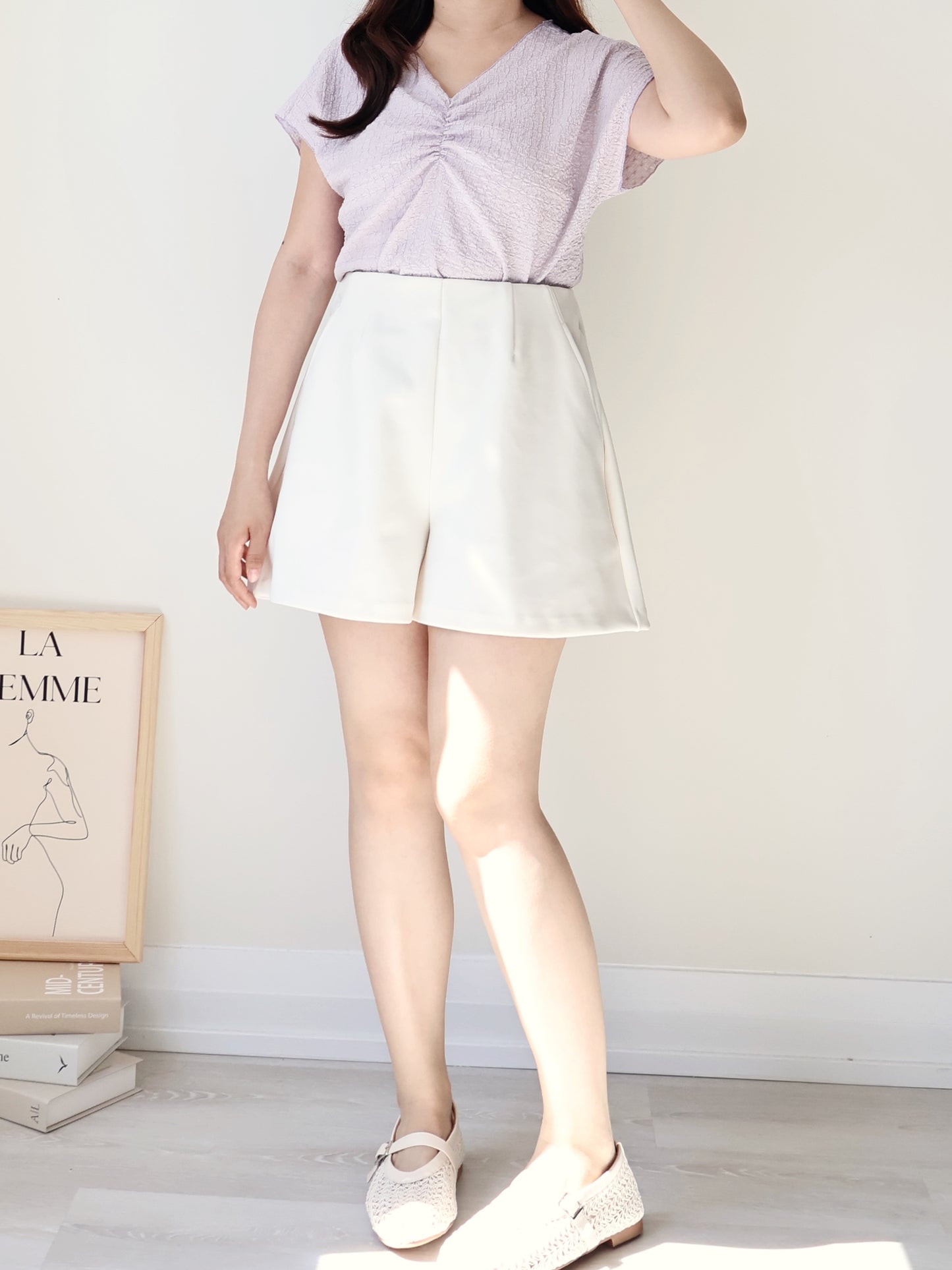 [Wrinkle-Free] V-Neck Waffle Arm-Concealing Top(Lavender)