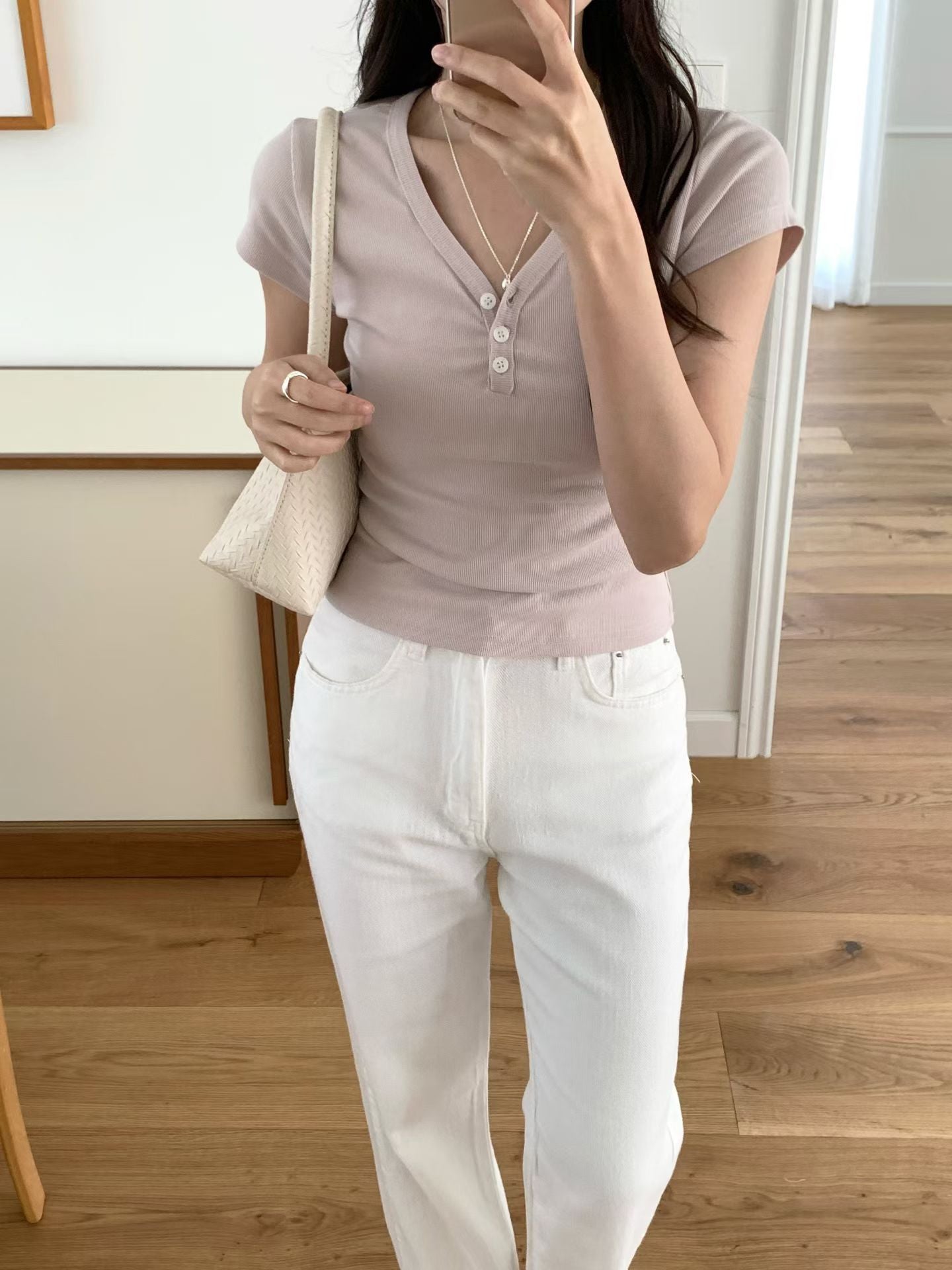 Minimalist V-Neck Button-Up Cotton Tee(3 Colors)