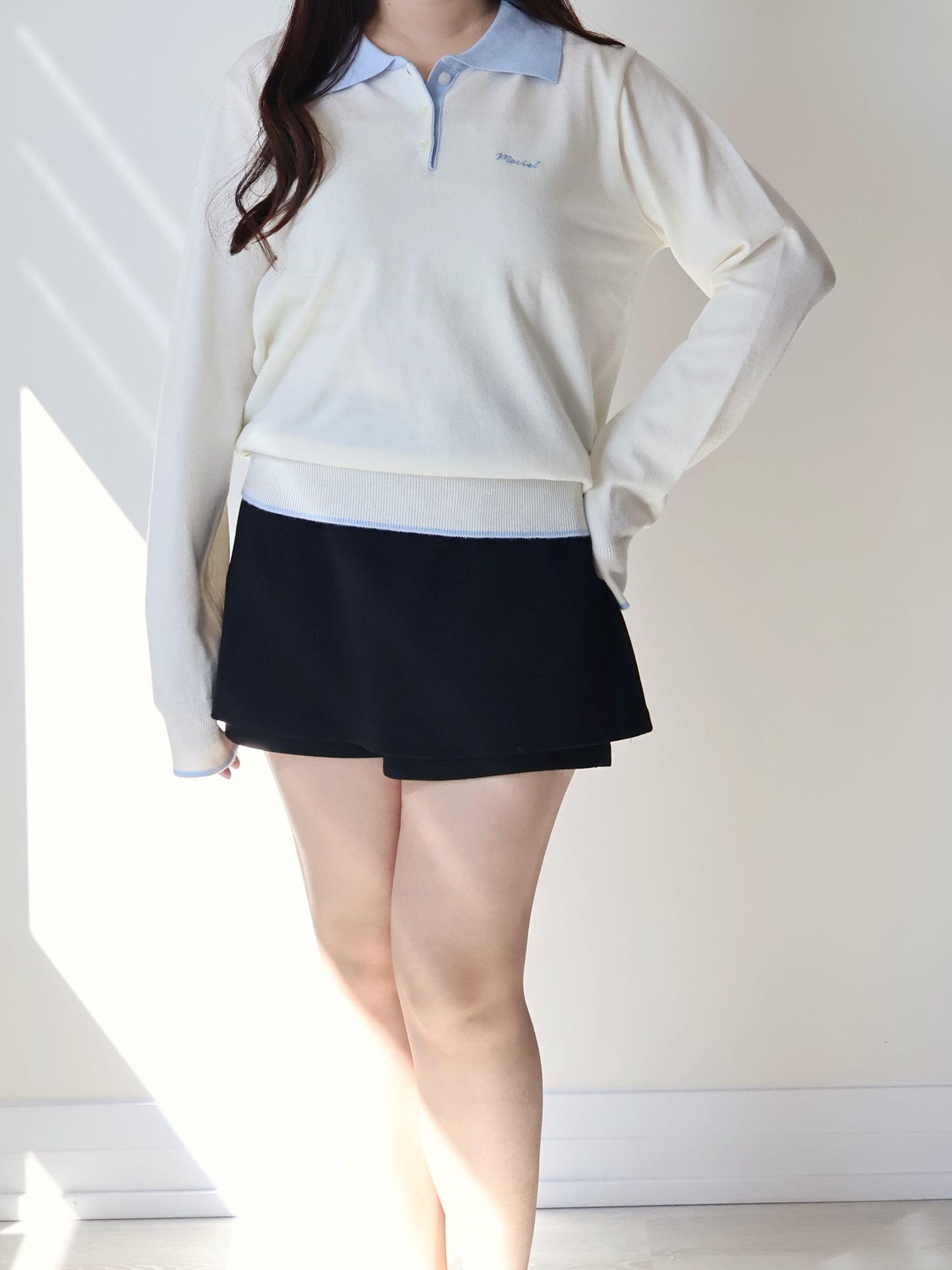 Teddy Collar Colour-Block Embroidered Soft Sweater(Cream)