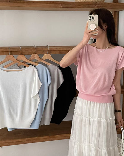 Slouchy Boat-Neck Lightweight Knit Top(5 colors)