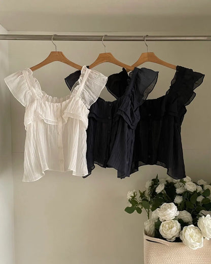 Flowy Tiered Buttoned Chiffon Flutter Sleeves Blouse(3 Colors)