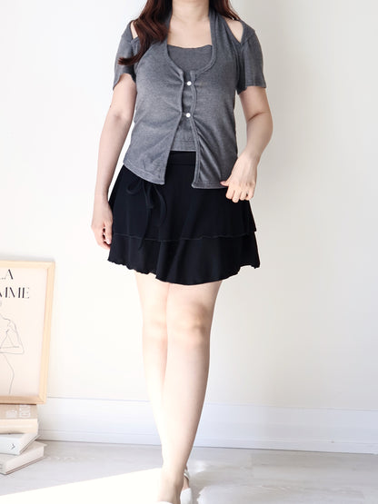 Flowy Flex-Waist Tiered A-Line Mini Skirt(Black)