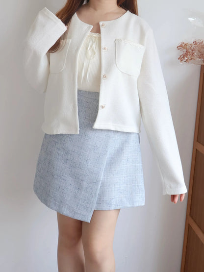 Elegant Bow-Embossed Button Tweed Jacket(3 colors)