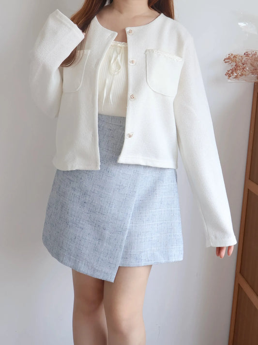 Elegant Bow-Embossed Button Tweed Jacket(3 colors)