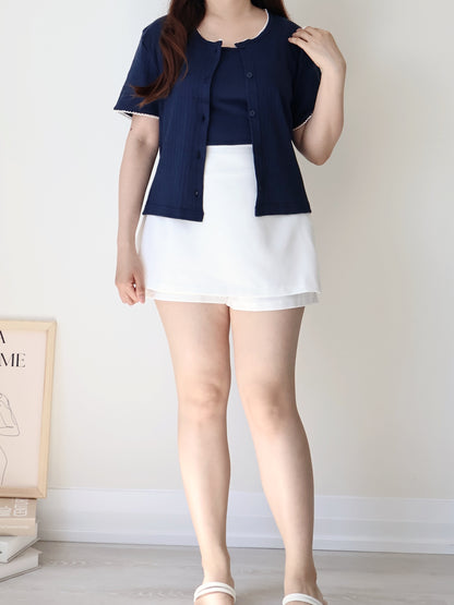 Graceful Contrast-Trim Jacquard Cotton Cami + Cardigan Set(Navy)