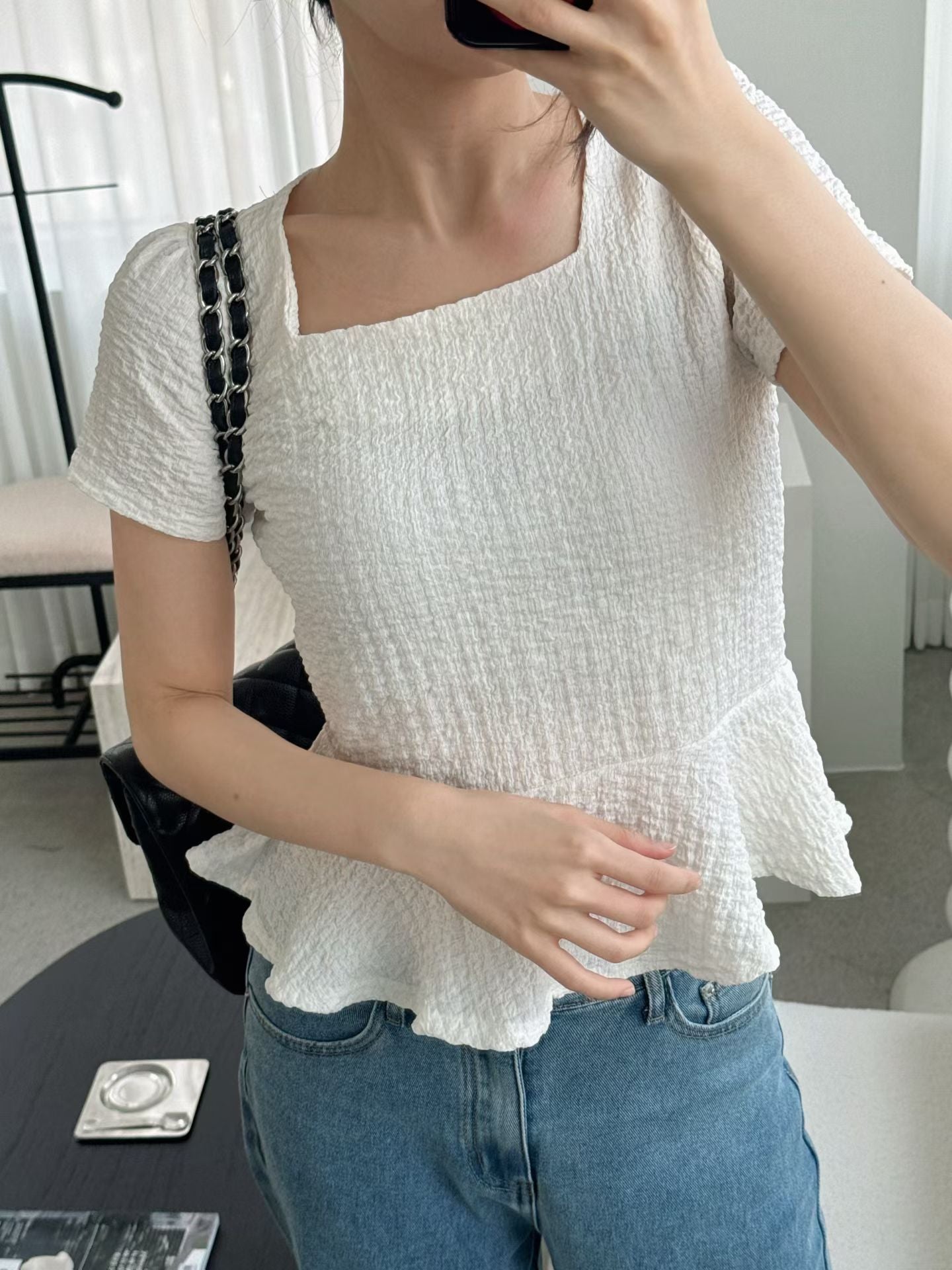 [Wrinkle-Free] Elegant Square Neck Flattering Peplum Blouse(3 Colors)