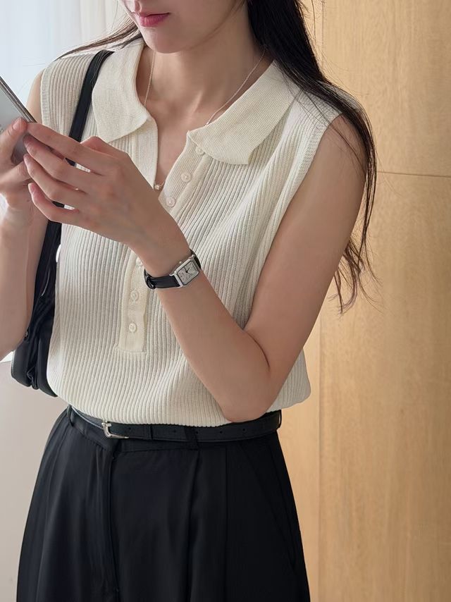 Lapel Half-Button Textured Stretch Knit Tank(2 colors)