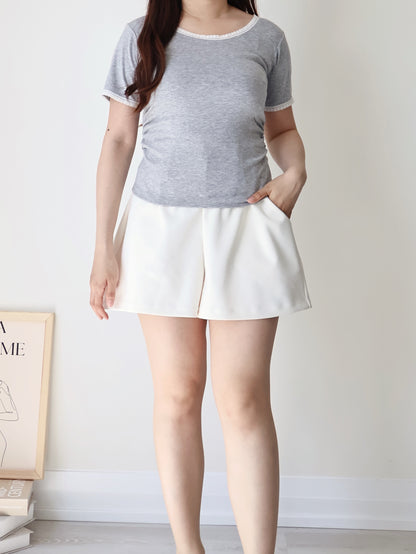Elegant Slim-Fit Lace Trim Cotton Top(Grey)