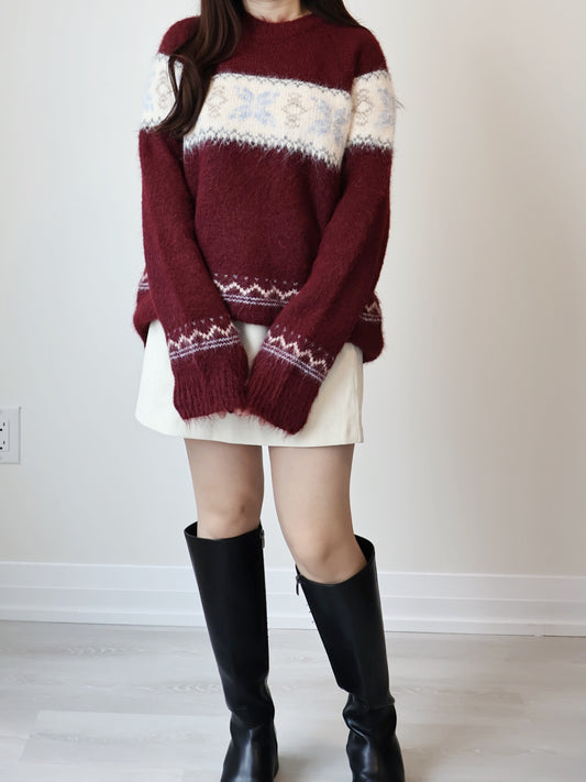 [10% WOOL] Snowflake Oversized Sweater(Burgundy)