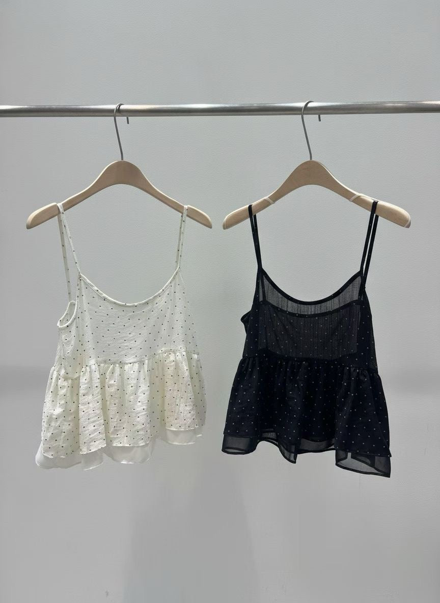 French Polka Dot Sheer Panel Tencel Cami Top(2 colors)