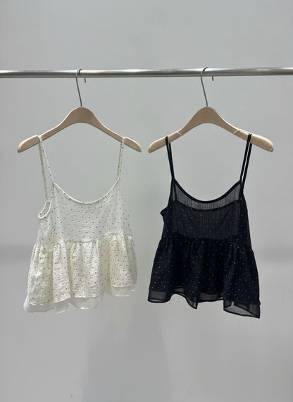 French Polka Dot Sheer Panel Tencel Cami Top(2 colors)