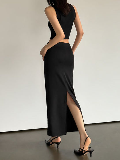 Cloud Touch Halter Tank Top + Hidden Elastic Waist Stretch Midi Skirt Set(4 Colors)
