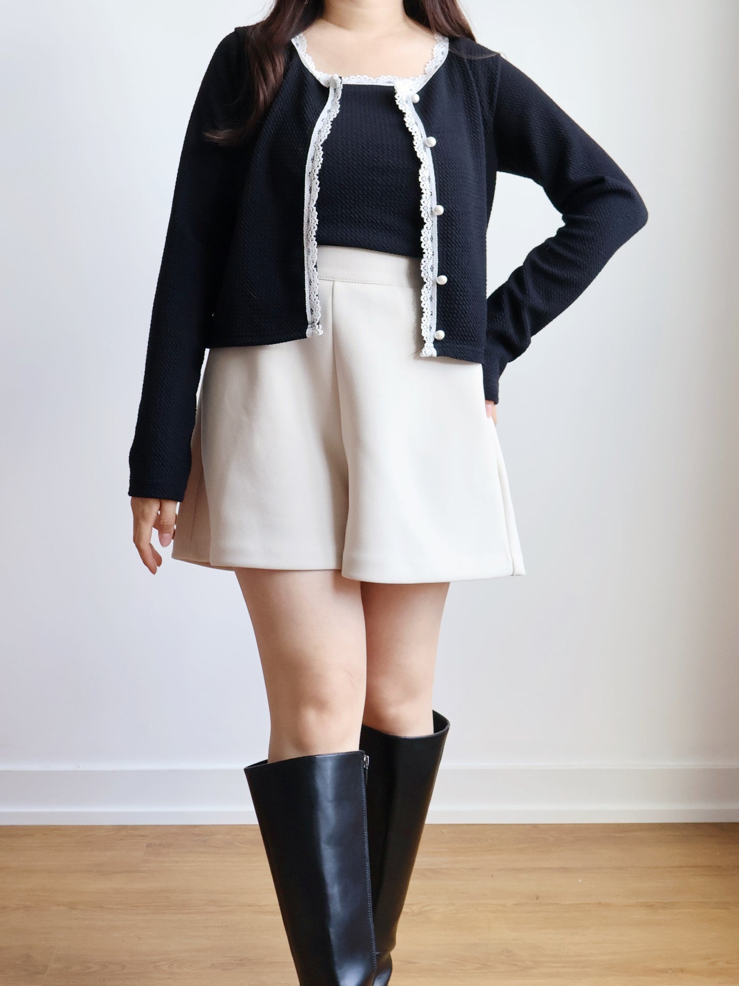 Elegant Pearl Button Lace Trim Two-Piece Set(Black)