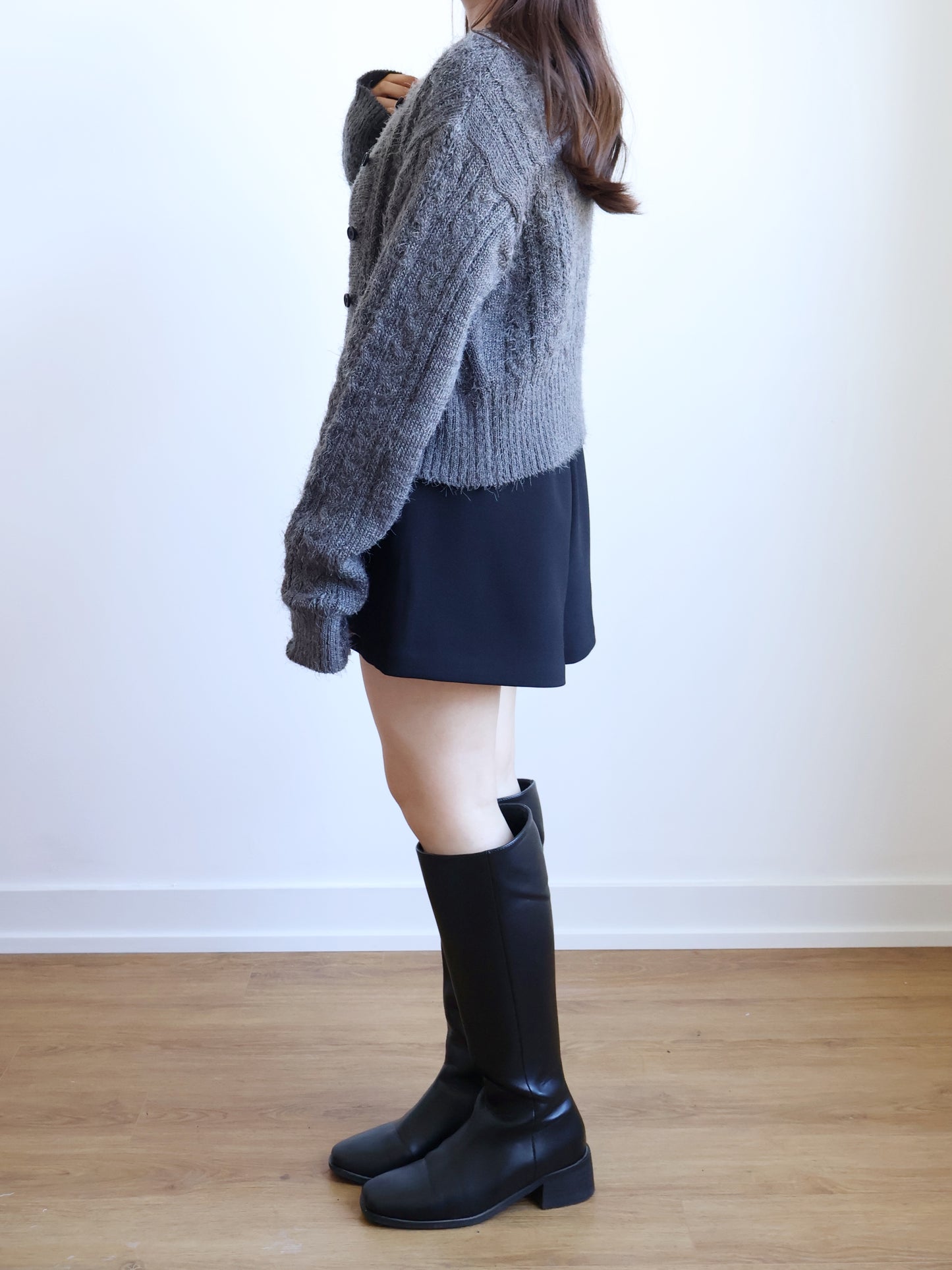 Romantic Cable Knit Cardigan(Charcoal)