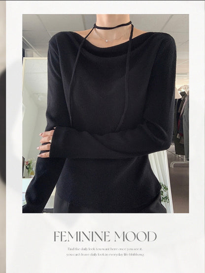 Boat Neck Scarf Tie Drape Knit Top(4 colors)