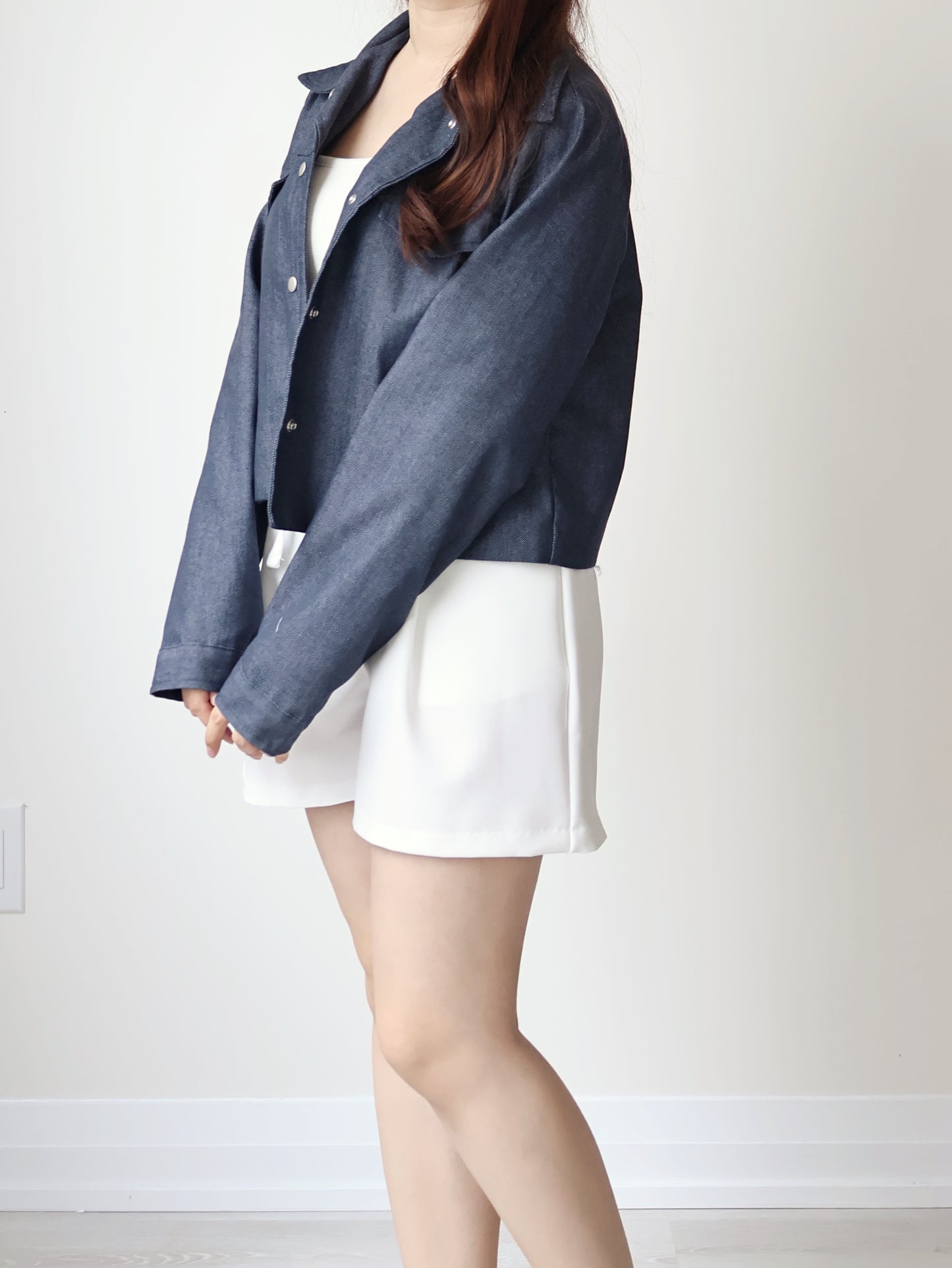 Airy Relaxed Lapel Denim Jacket(Deep blue)