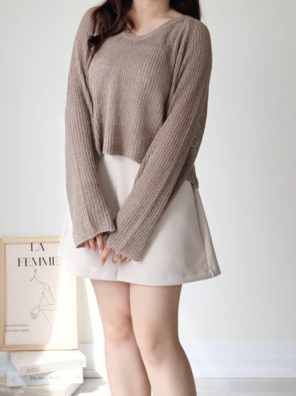 Earth Tone V-Neck Relaxed Knit Top(Brown)