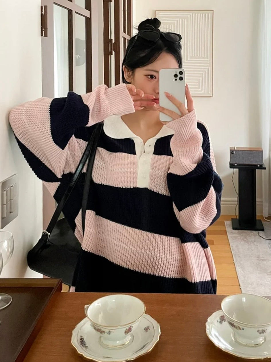 Relaxed Stripe Knit Top with Lapel Collar(4 colors)