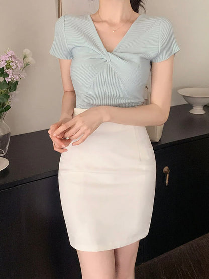 Slim-Fit Twist Stretch Knit Top(4 Colors)