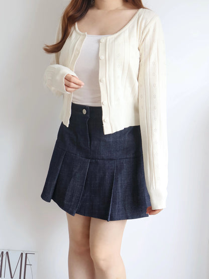 Soft Lace-Trim Eyelet Knit Cardigan(Cream)