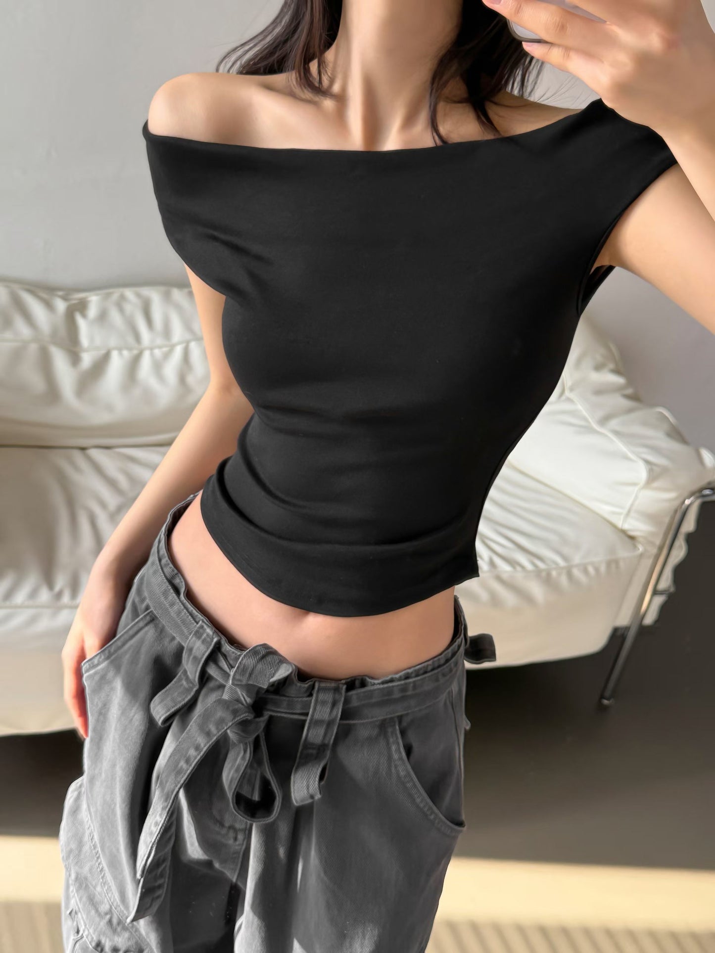 French Off-Shoulder Stretch Cotton Top(5 Colors)