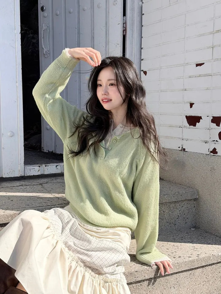 [20% wool] Henley Neck Loose-Fit Basic Knit Top(9 colors)