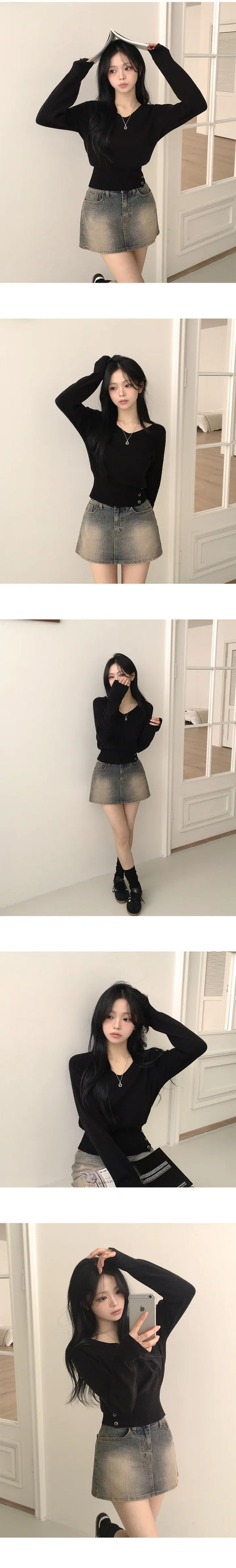 V-Neck Buttons Cinched-Waist Knit Top(5 colors)