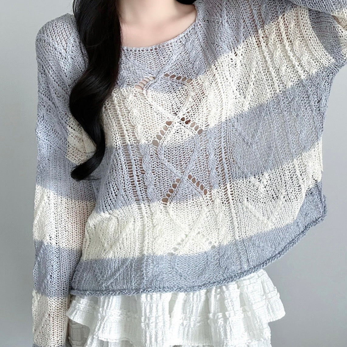 Soft Cable-Knit Colour-Block Top(Skyblue)