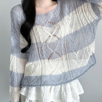 Soft Cable-Knit Colour-Block Top(Skyblue)