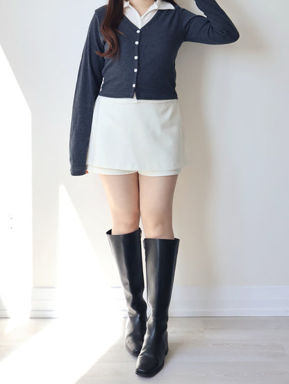 Faux Layered Lapel Button Top(Charcoal)