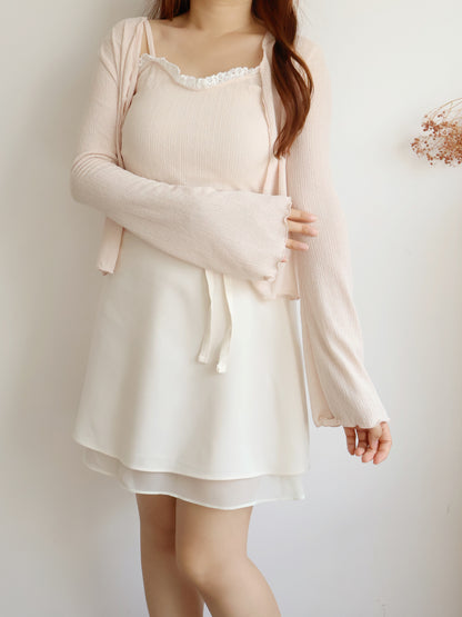Pastel Lace-trim Cami & Cardigan 2-Piece Set(Peach)