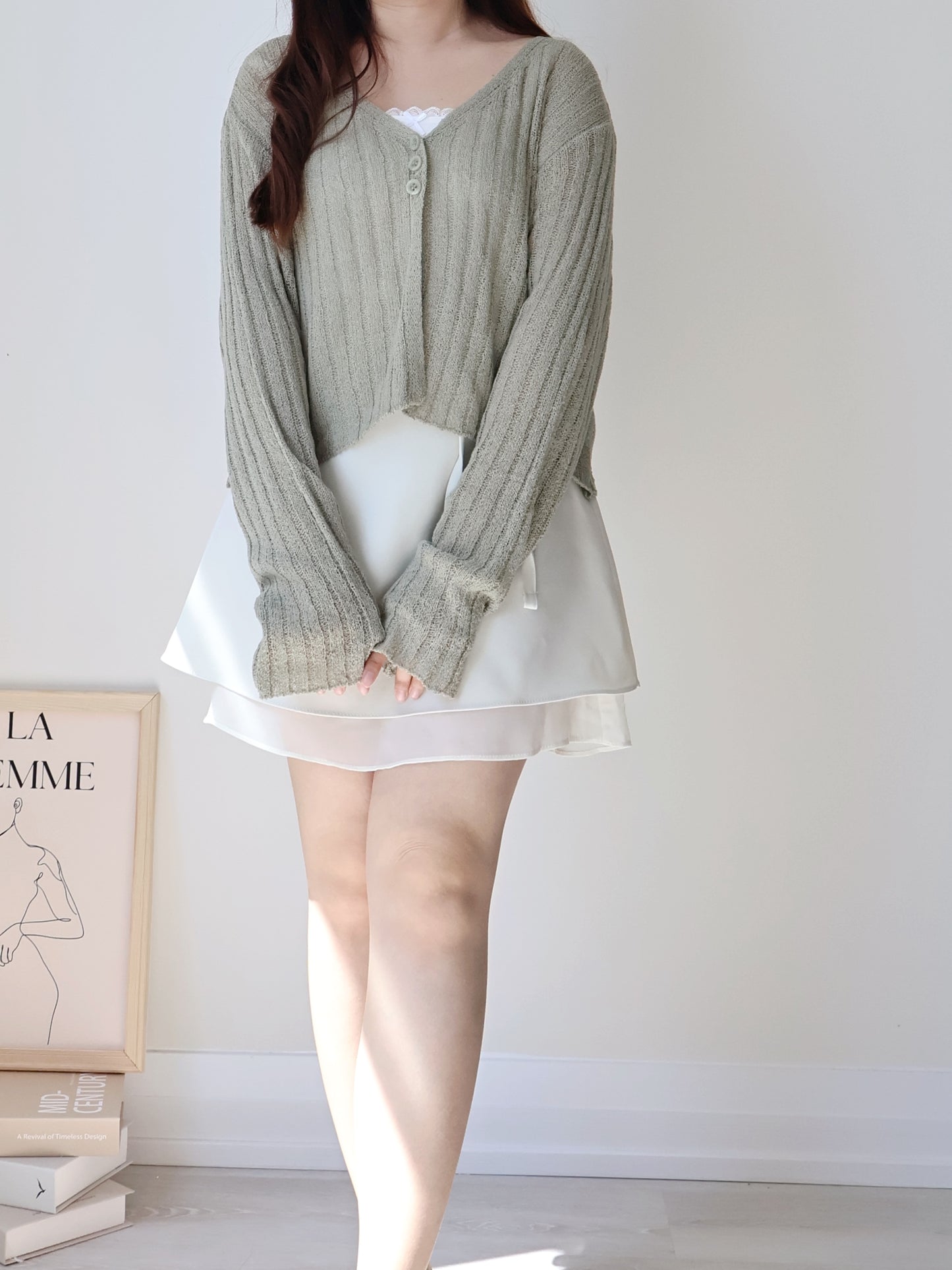 Relaxed Cinnamon V-Neck Knit Cardigan(Matcha)