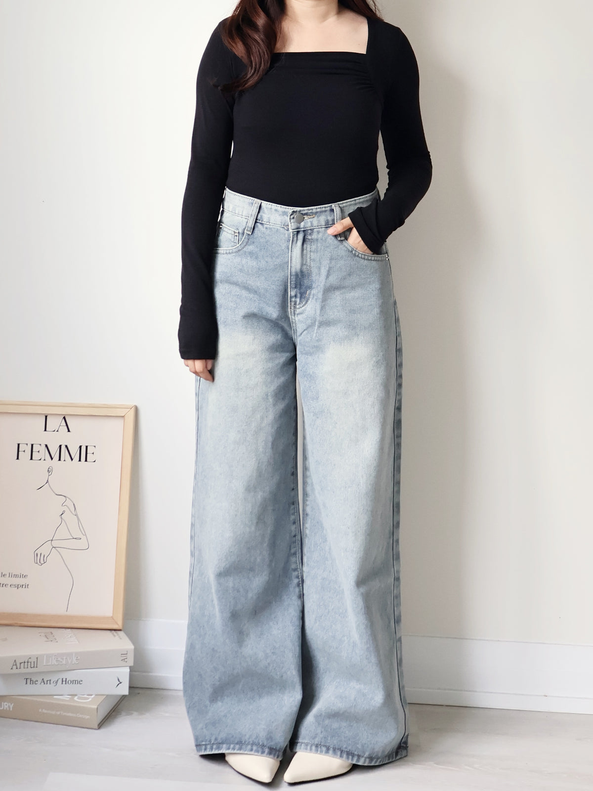 [S-2XL · 3 Lengths] Vintage-Wash Wide-Leg Denim Pants(Dusty blue)