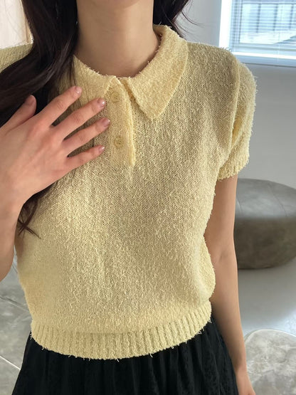 Soft Cozy Collared Feather-Yarn Knit Top(4 Colors)
