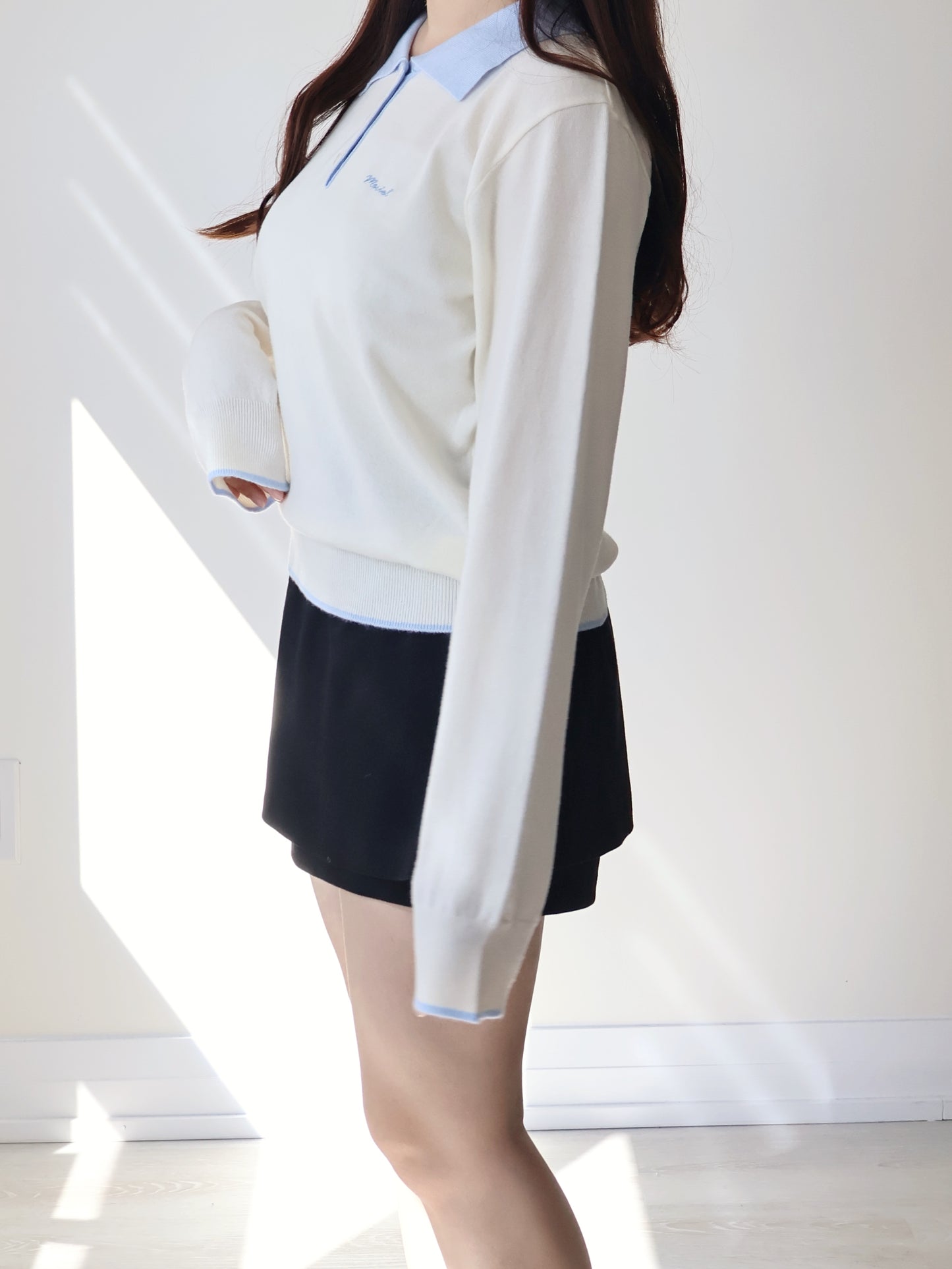 Teddy Collar Colour-Block Embroidered Soft Sweater(Cream)