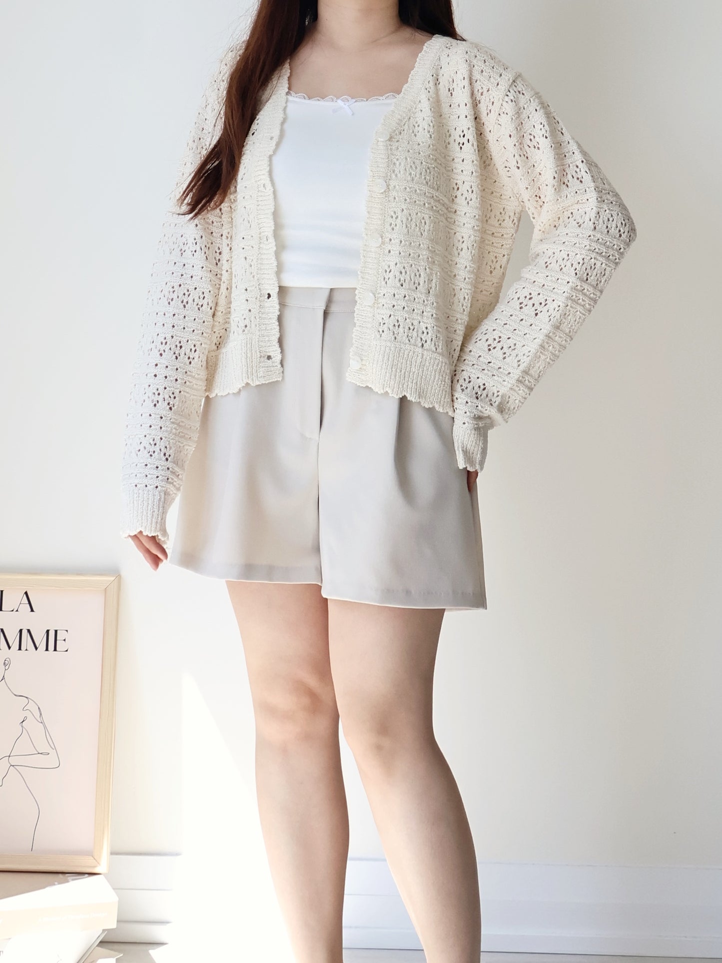 Romance V-Neck Eyelet Knit Cardigan(Beige)