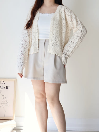 Romance V-Neck Eyelet Knit Cardigan(Beige)
