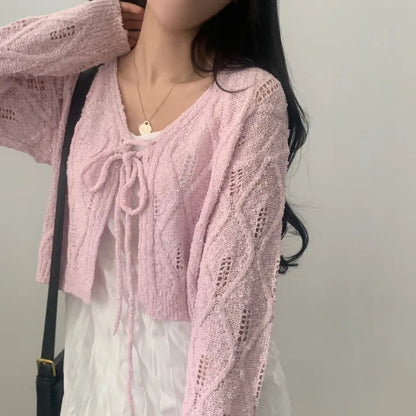 V-Neck Pointelle Tie-Front Knit Cardigan(5 colors)