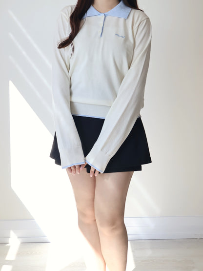 Teddy Collar Colour-Block Embroidered Soft Sweater(Cream)