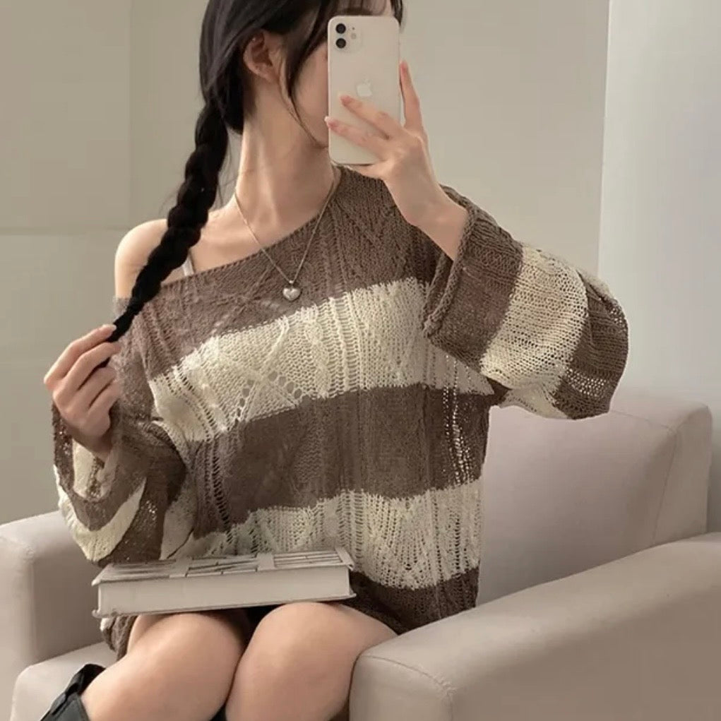 Soft Cable-Knit Colour-Block Top(Brown)