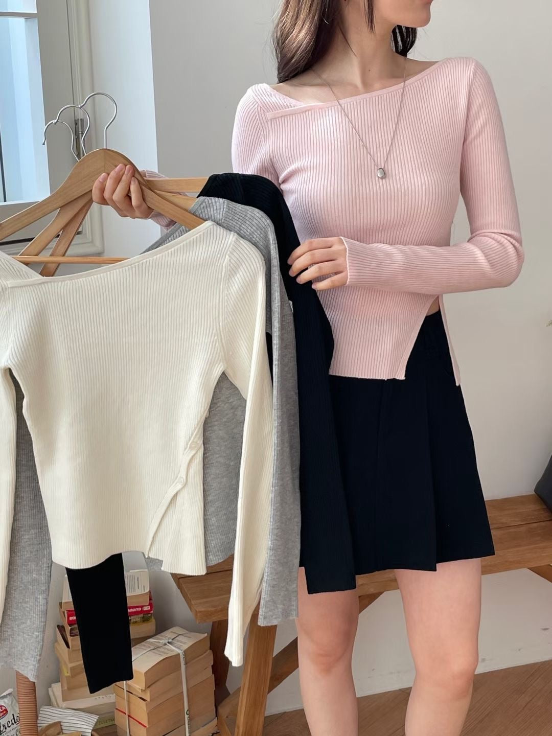 Cross unbalanced Slit Knit Top(4 colors)