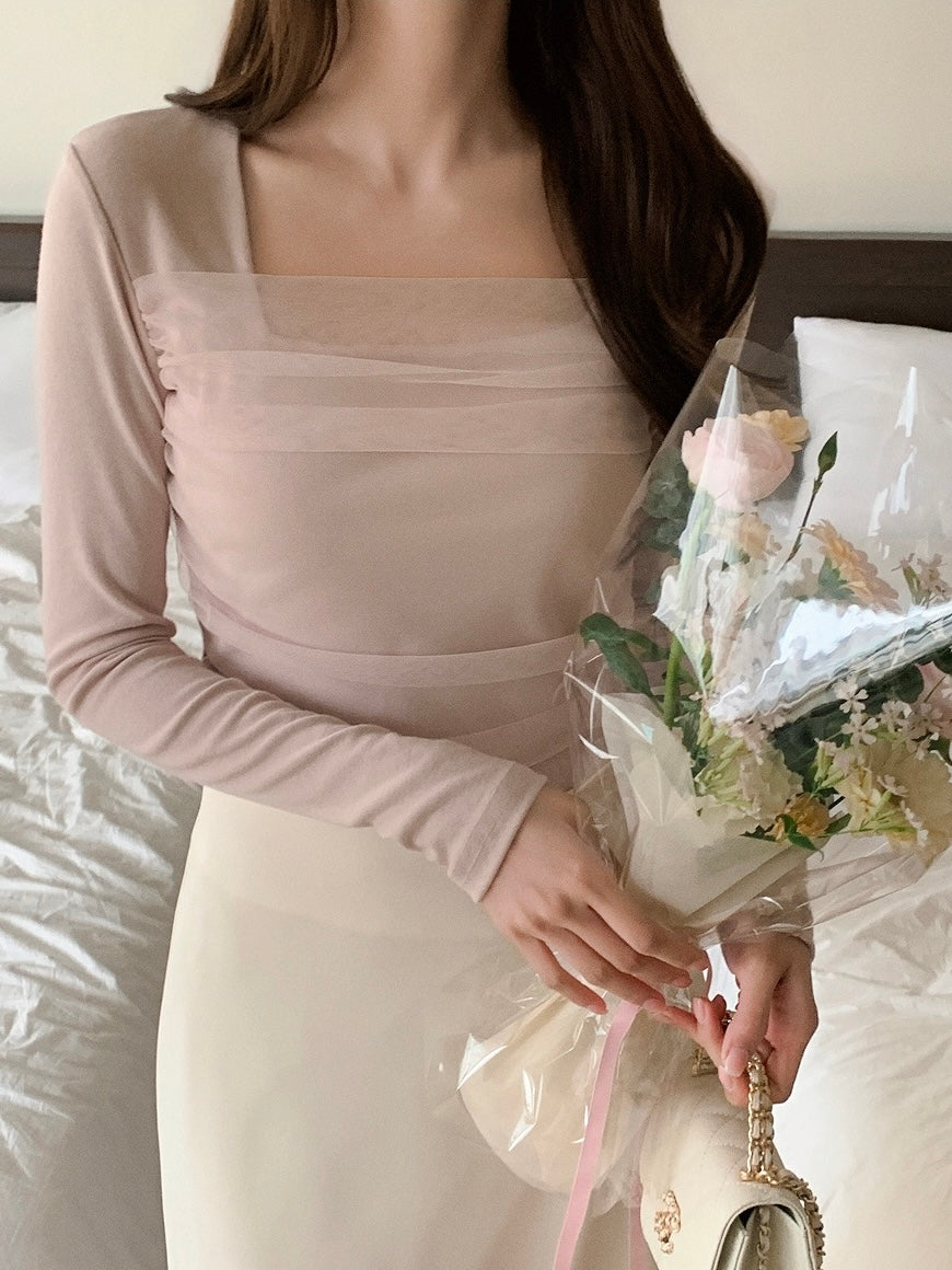 Romantic Sheer Square Neck Tee(3 colors)