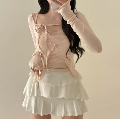 Balletcore Sheer Layered Cami & Cardigan 2-Piece Set(4 colors)