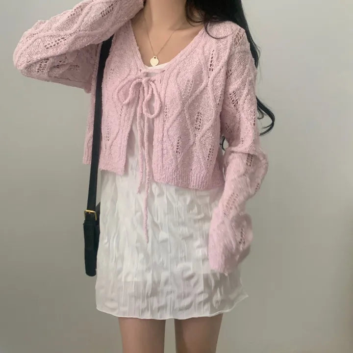V-Neck Pointelle Tie-Front Knit Cardigan(5 colors)