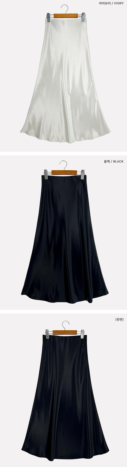 Feminine Silky Satin Banding Flare Maxi Skirt(2 colors)