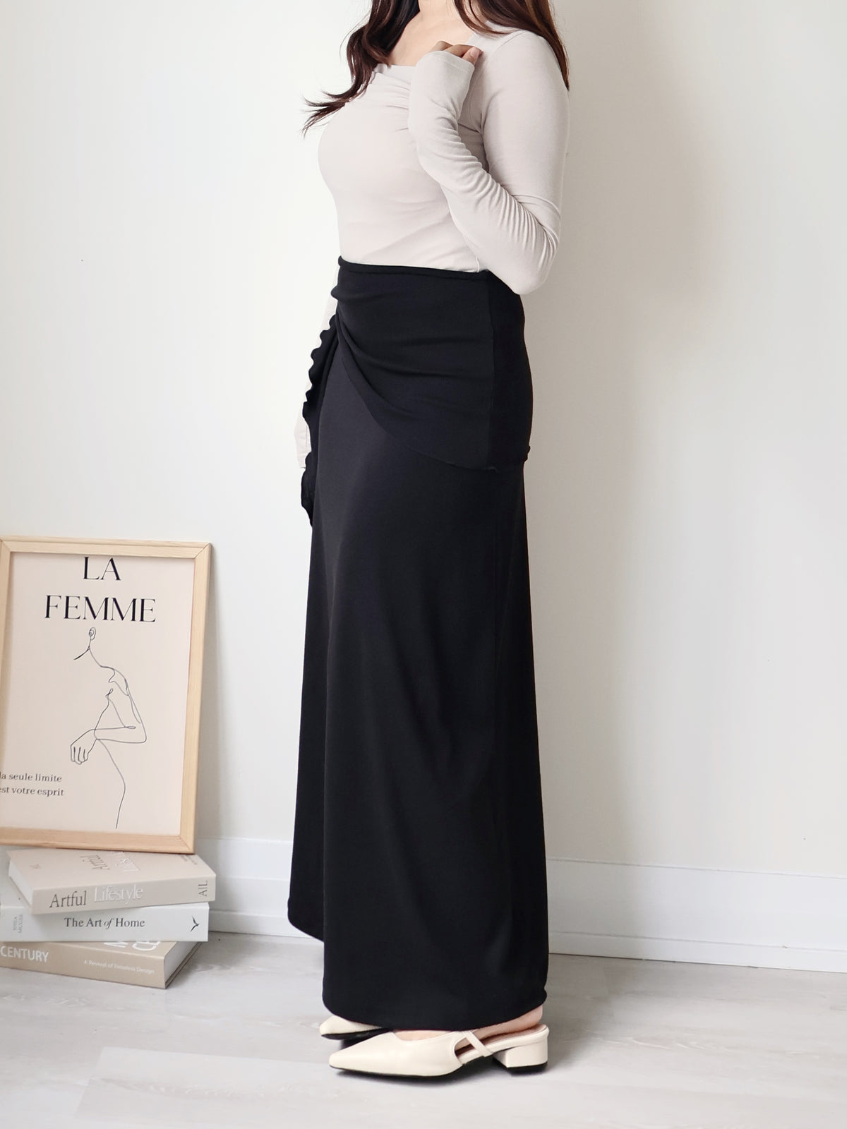 Square-Neck Pleated High-Stretch Top(Beige)