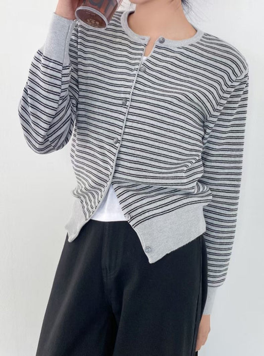 Stripe Round Neck Cardigan(4 colors)