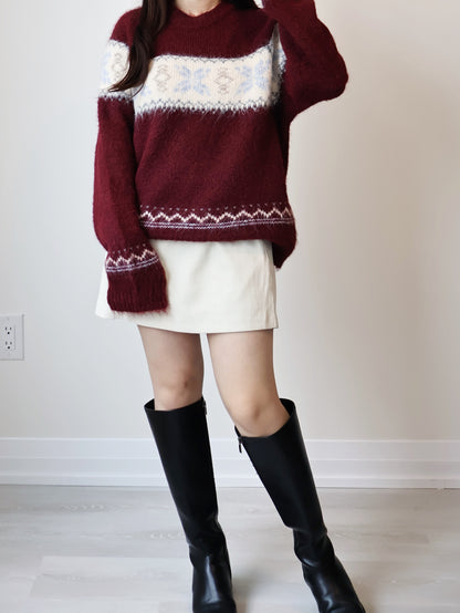 [10% WOOL] Snowflake Oversized Sweater(Burgundy)