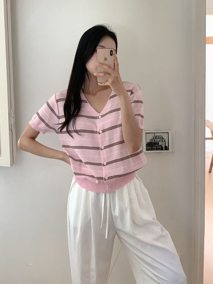 V-Neck Fresh Striped Knit Cardigan(4 colors)