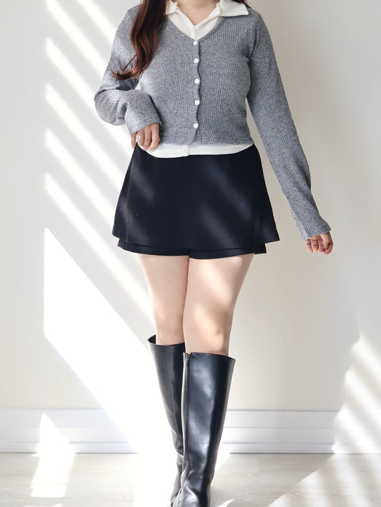 Faux Layered Lapel Button Top(Grey)